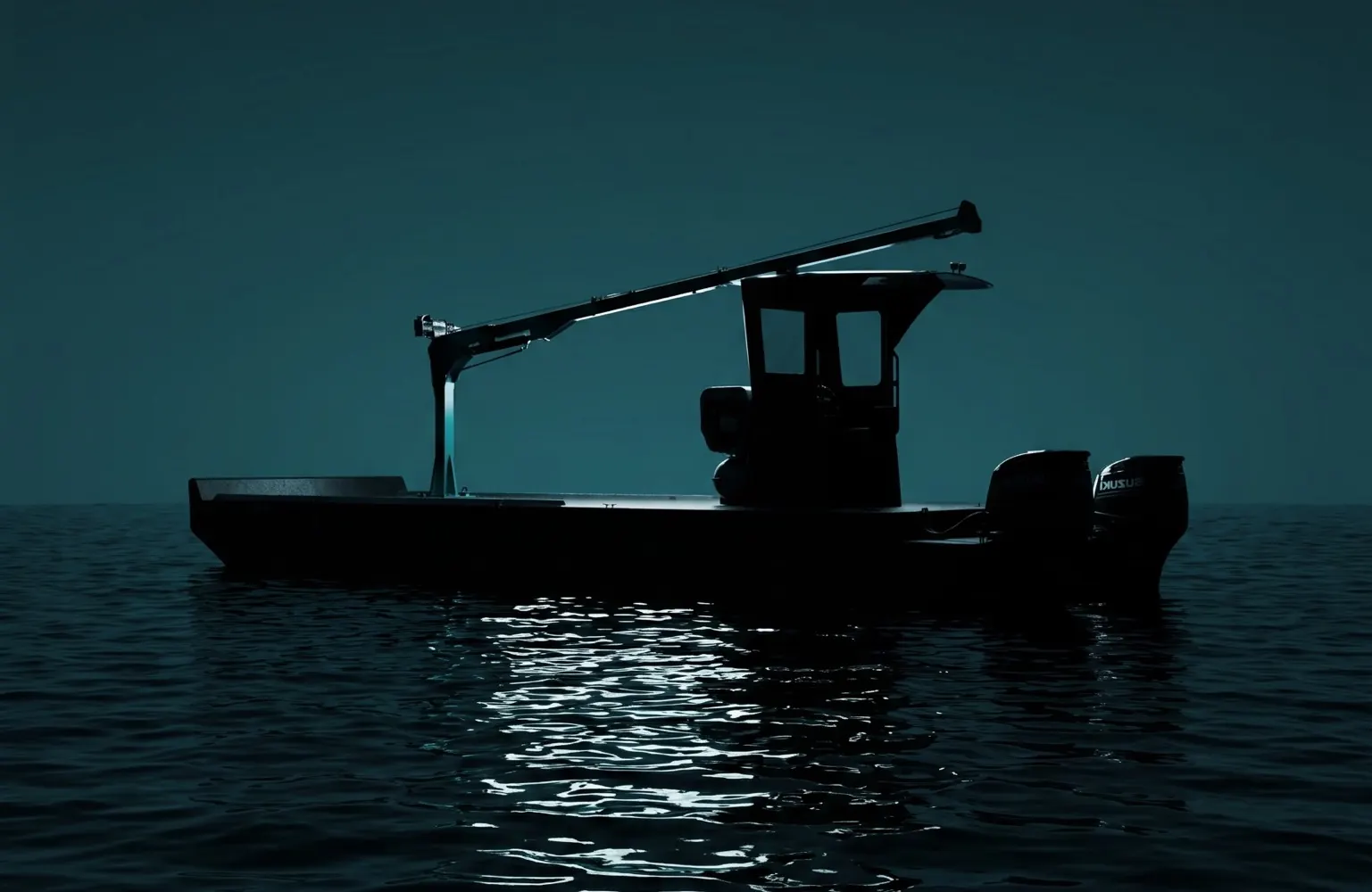 Absolute Marine Equipment work barge silhouetted on the water
