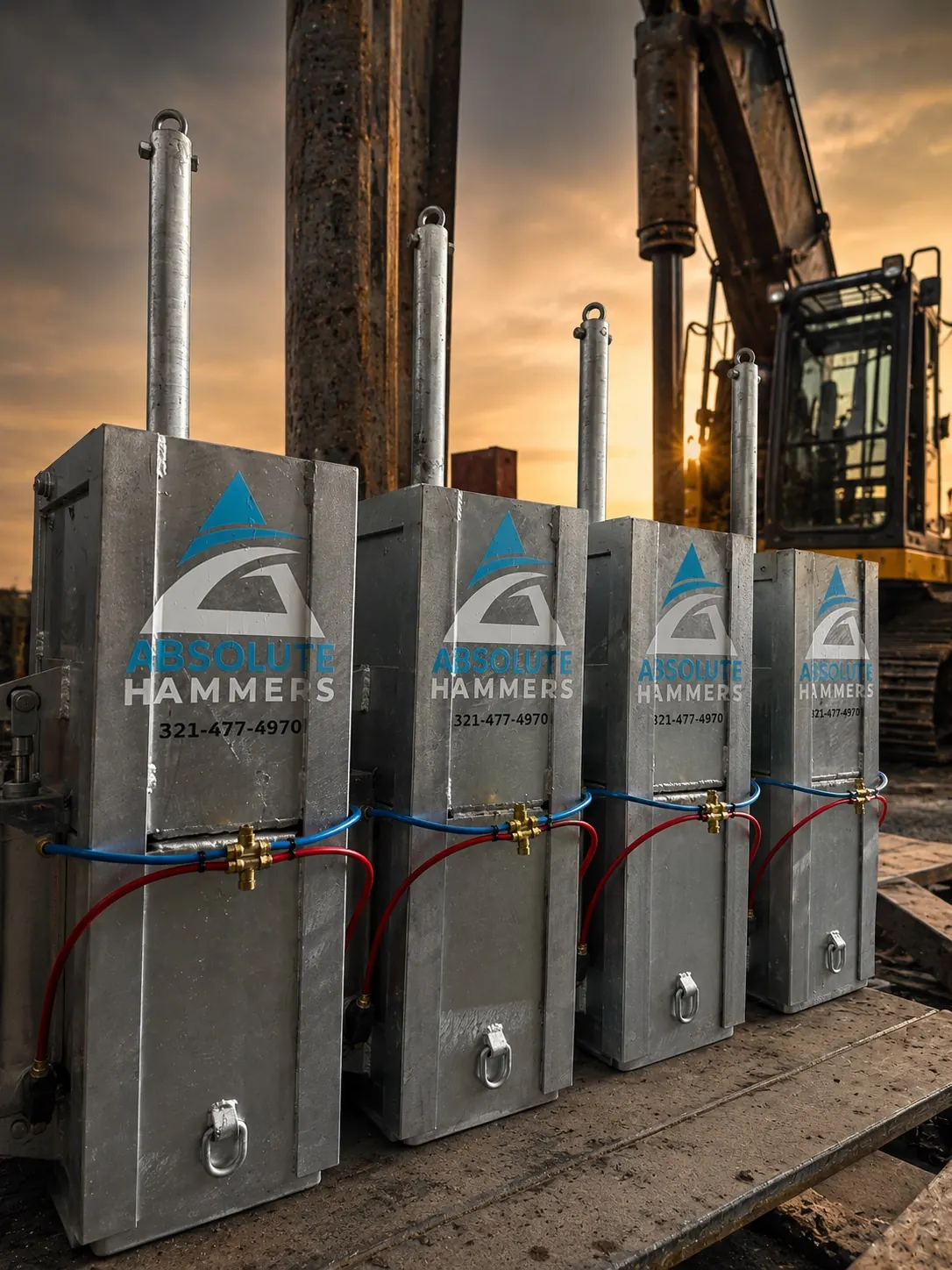 Fleet of four hammers on a job site at sunset with excavator