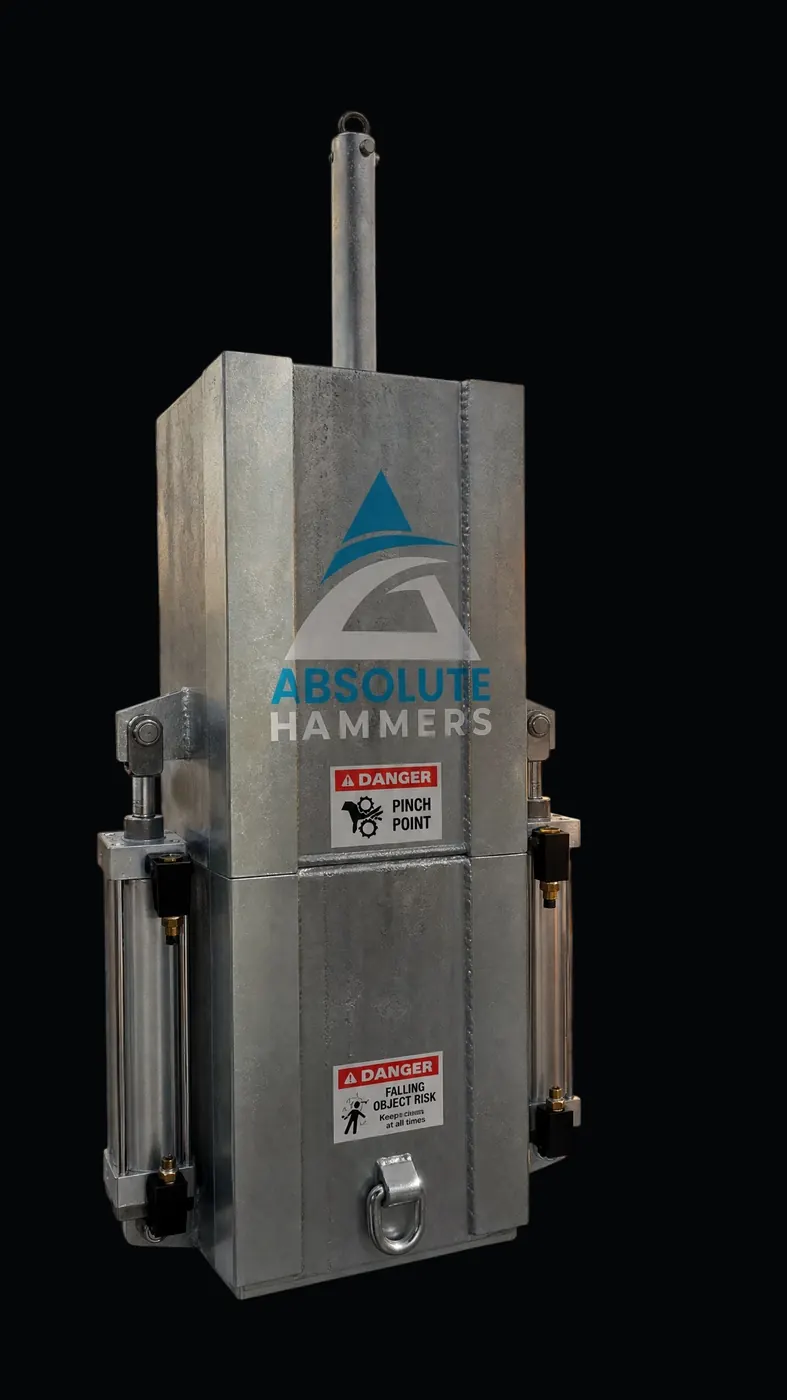 Studio product shot of a single Absolute Hammer with safety labels