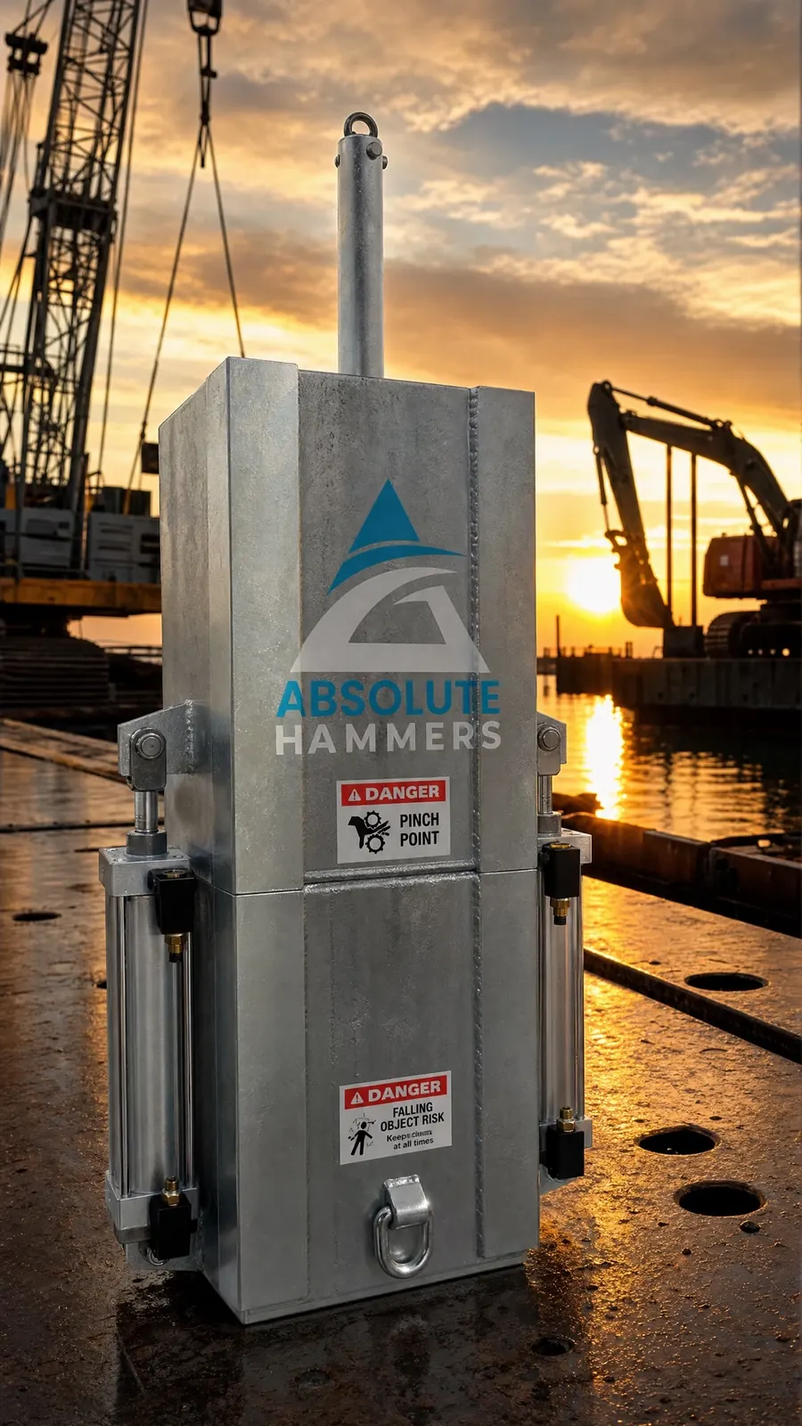 Single hammer standing on a wet dock at sunset with cranes behind